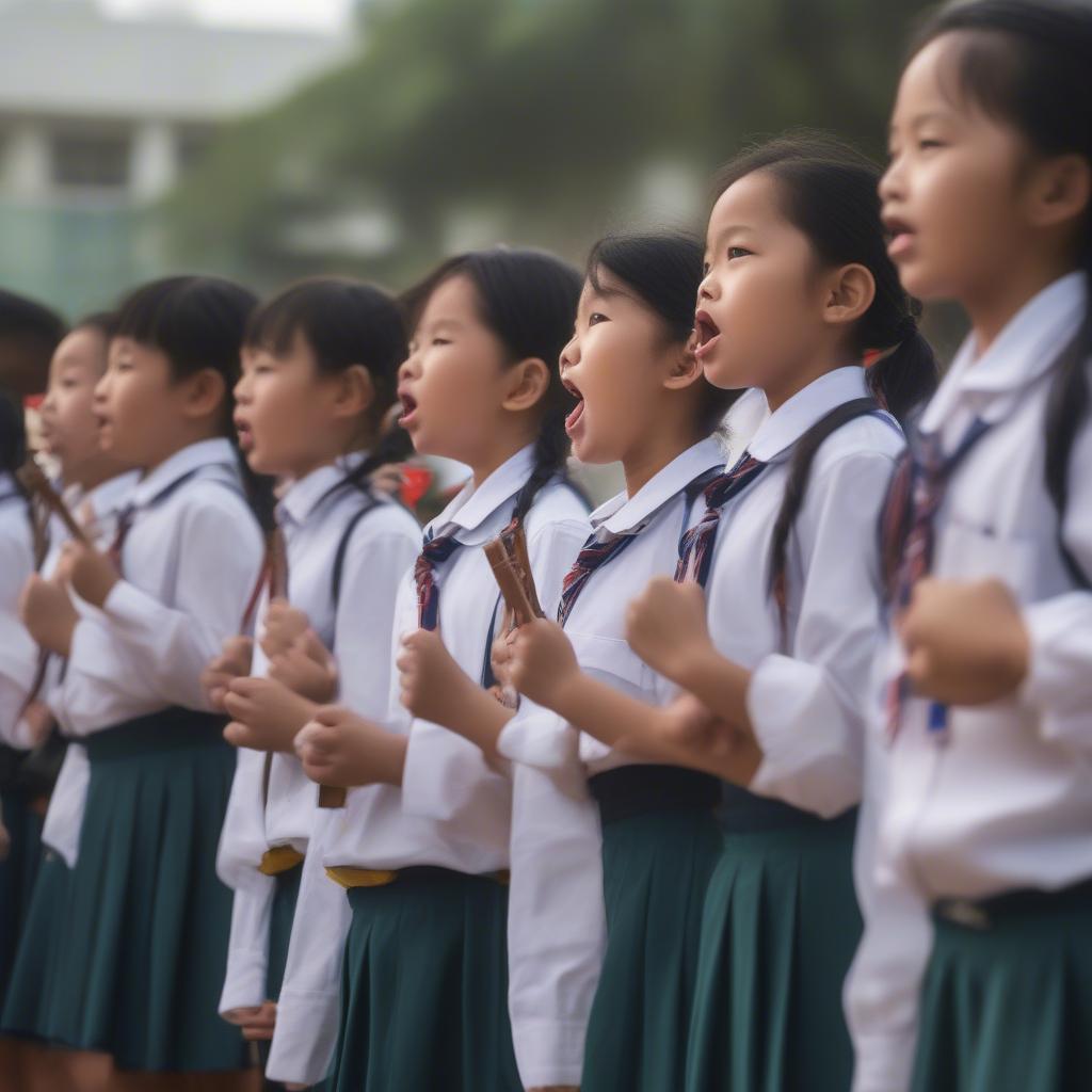 Các em nhỏ hát bài em bé giải phóng quân trong buổi lễ chào cờ