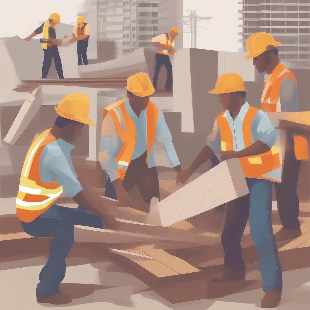 Image depicting workers collaborating on a construction project, illustrating teamwork and division of labor