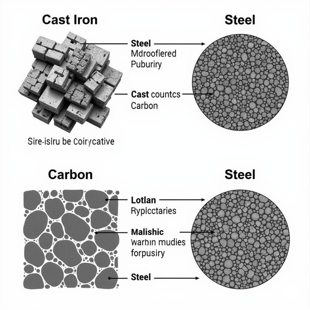 Hợp kim sắt gang thép: Hình ảnh minh họa cấu trúc tinh thể của gang và thép, so sánh sự khác biệt về hàm lượng cacbon và các tạp chất.