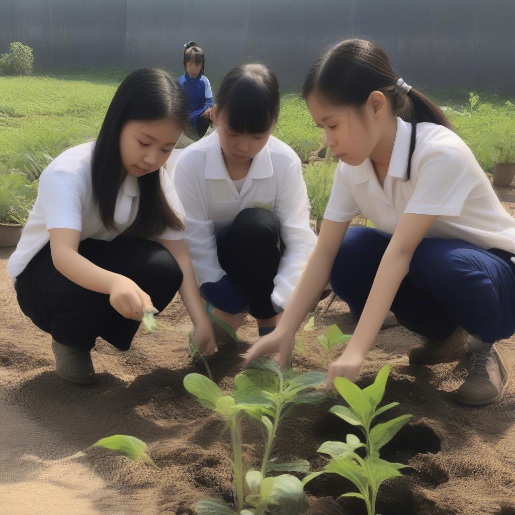 Học sinh thực hành trồng cây