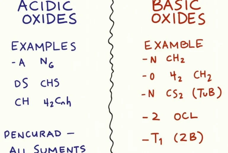 Visual representation of acidic and basic oxides, categorized with examples, relevant to grade 8 chemistry concepts.